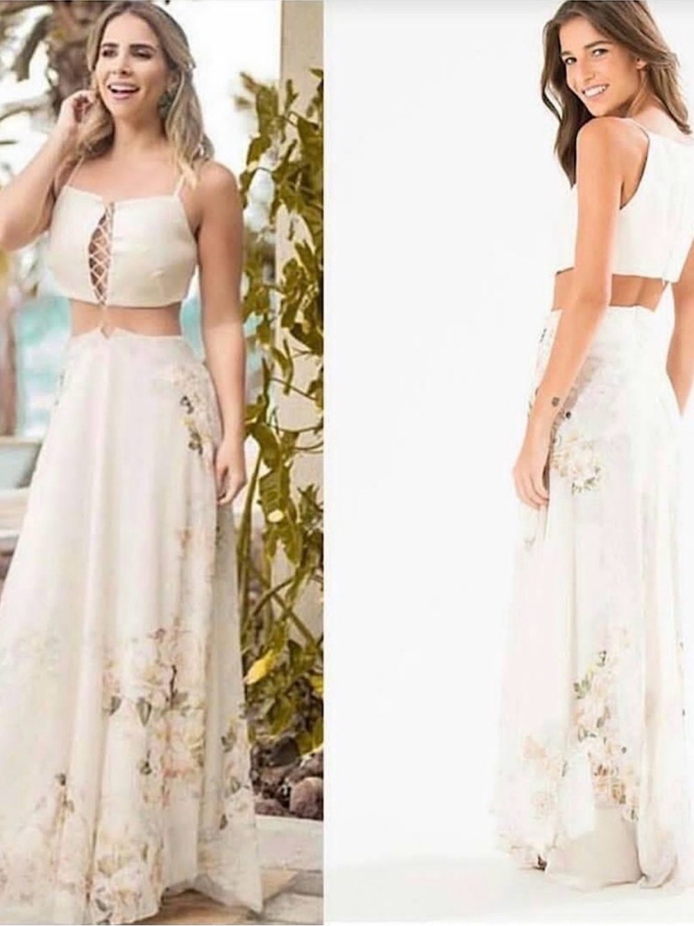 Farm Rio Ivory Floral Two-Piece Maxi Dress with Lace-Up Bodice